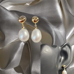 Dangling Pearl Earring | 18k Gold Heart | Pearl Drop Earrings
