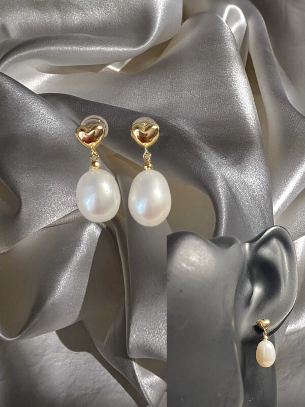 Dangling Pearl Earring | 18k Gold Heart | Pearl Drop Earrings